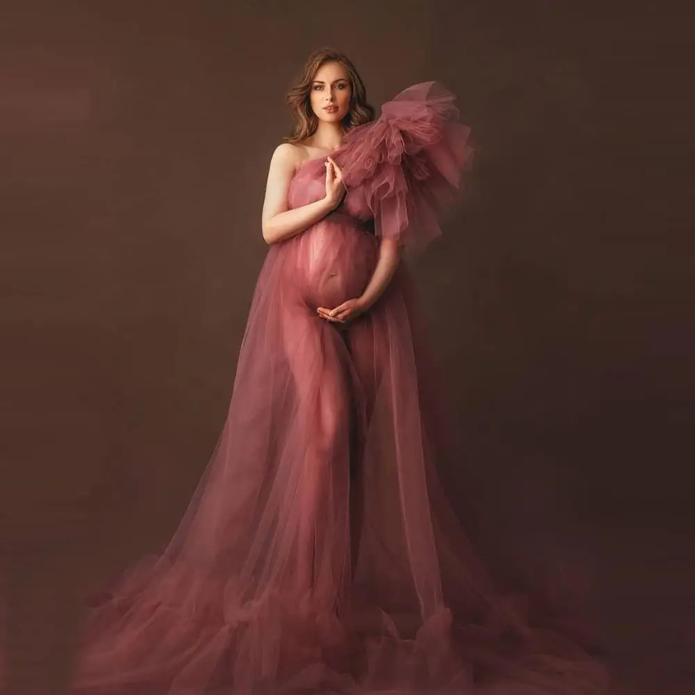Elegant One Shoulder Tulle Maternity Dresses See