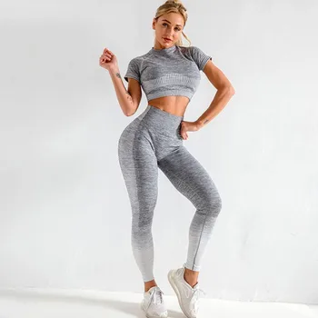 

Seamless Workout Bra Suits Women Exercise Set Fitness Clothing Female Gray Fitness Suit Jogging Clothes Short sleeve+Leggings