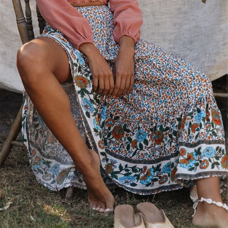 

Bohemian-Skirt 2020 Women Summer Beach Casual Maxi Skirt Boho Floral Print Lace Up Long Skirts Female Skirt