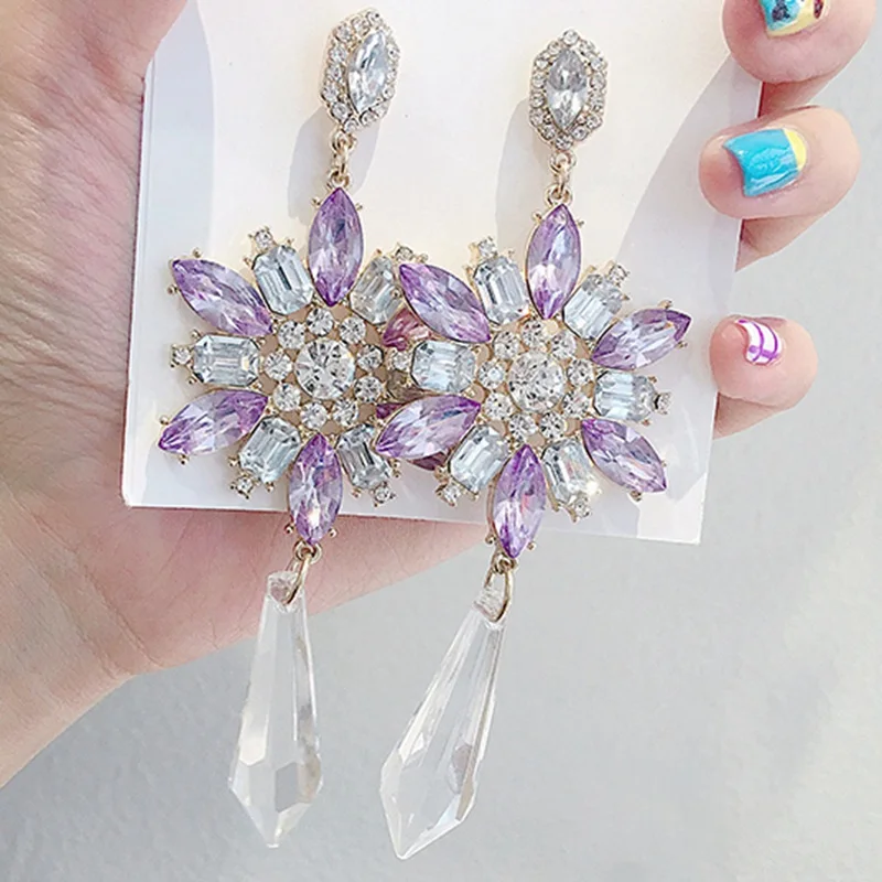 

MENGJIQIAO New Korean Purple Flower Crystal Water Drop Dangle Earrings For Women Luxury Exaggerate Fashion Jewelry Pendientes