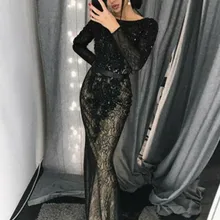 Сексуальное платье для выпускного вечера, платье русалки с длинным рукавом, черное кружевное платье для выпускного вечера с блестками