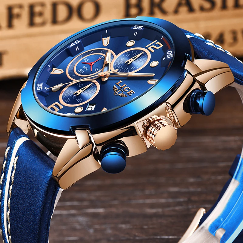 Relogio Masculino мужские часы Топ бренд класса люкс LIGE новые модные водонепроницаемые спортивные кварцевые часы мужские с синим кожаным хронографом