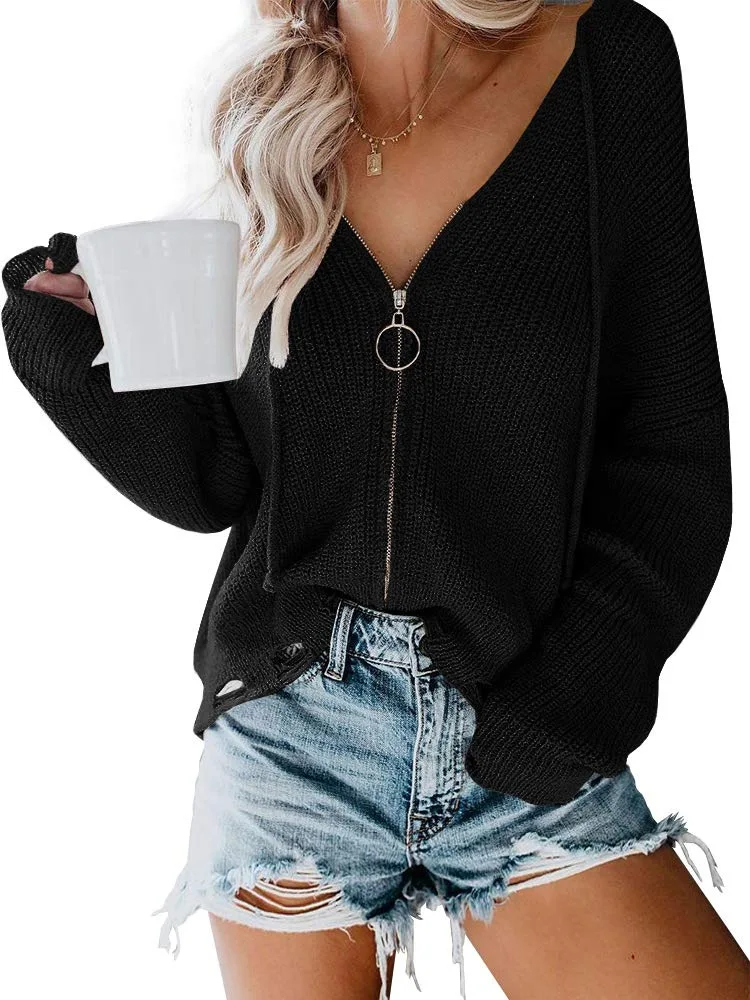 

2019 High Quality Hooded Cardigan Women Sweater Solid Ladies Knitted Outwear Female Loose Sweaters Open Stitch with Zipper