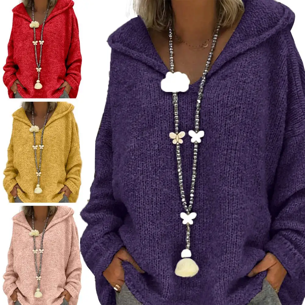 Women Autumn Solid Color Loose Hooded Knitted Sweater Pullover Sweatshirt Top | Женская одежда