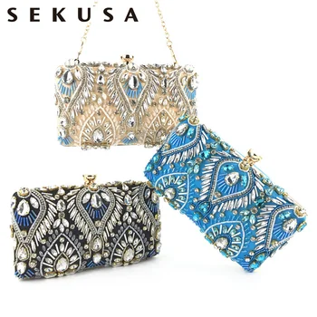

SEKUSA Women Crystal Evening Bags Wedding Metal Clutches Party Cocktail Purse and Handbag Beaded Embroidery evening bags
