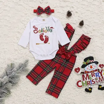

Xmas Infant Kids Baby Girls Clothes Sets Cartoon Print Plaid Long Sleeve Romper+Overalls Pants Headband