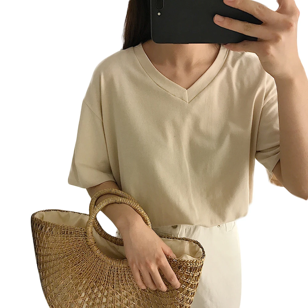 V Neck Хлопок, лен, шикарный женский топ, летняя Минималистичная футболка, свободная однотонная, круглый вырез, короткий рукав, тонкий, для студентов, школьные Топы - Цвет: V Neck