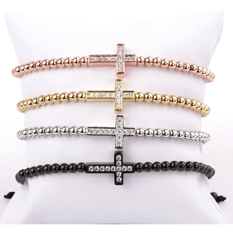 Fashion classic design small stainless steel beads CZ cross charm braided adjustable bracelet