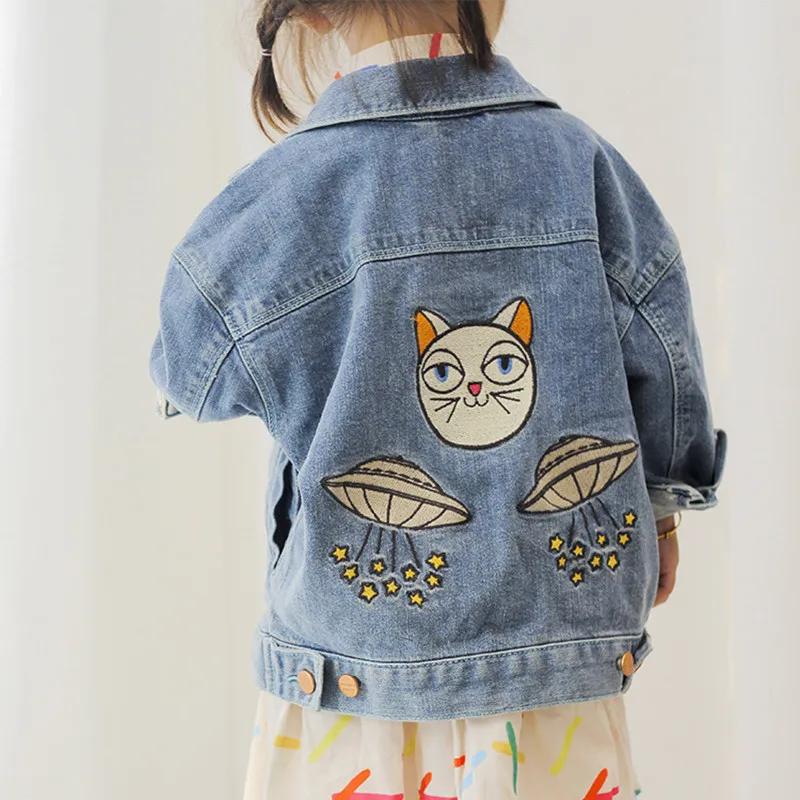 2019 Весенняя джинсовая куртка с вышивкой UFO и Cat для девочек верхняя одежда пальто