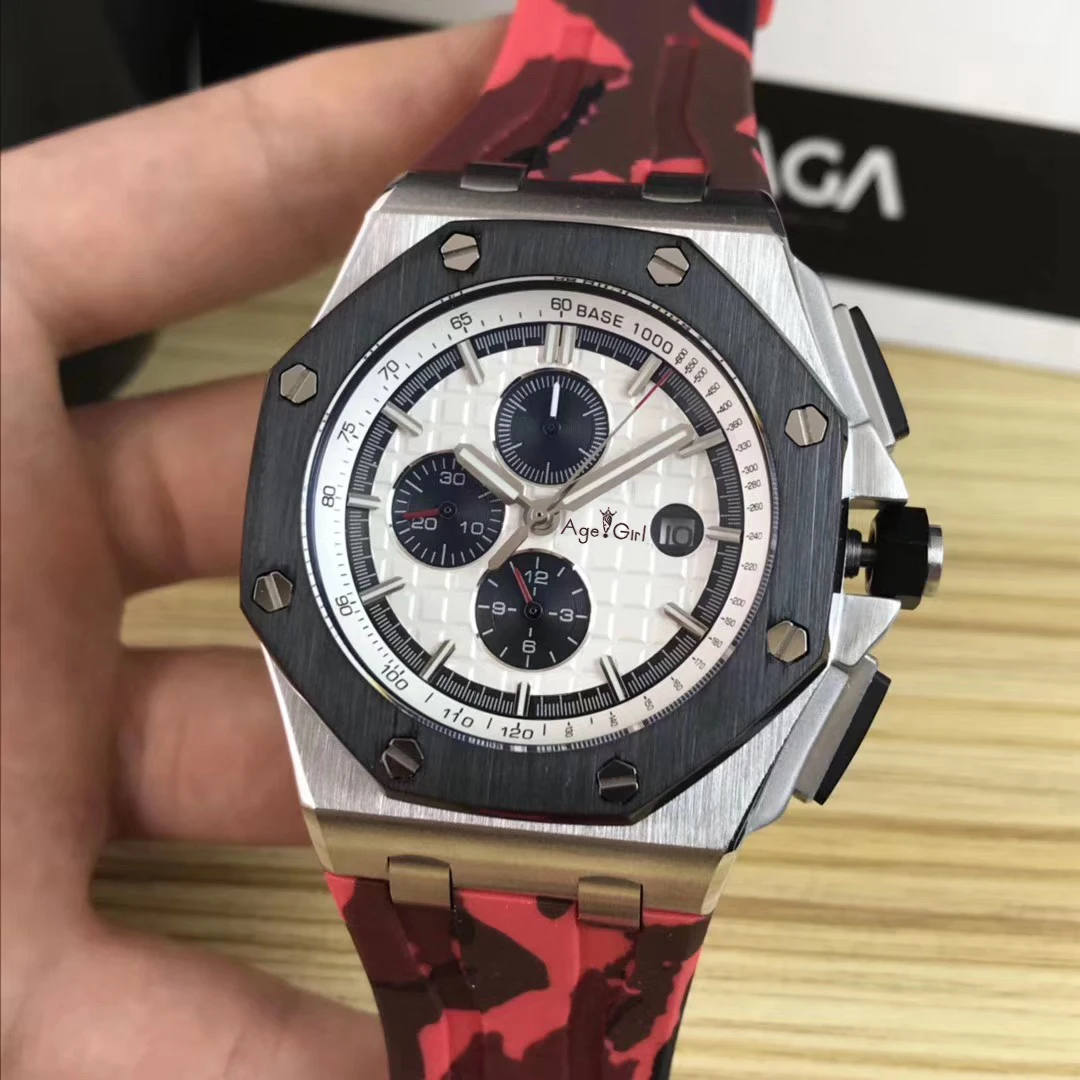 

Luxury Brand Men Automatic Mechanical Sapphire Oaks Silver Black Bezel Navy Red Rubber Stainless Steel Watch Royal White Dial
