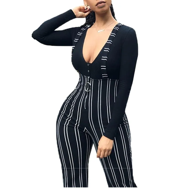 Overalls Women Striped Pants High Waist Zipper Flare Trousers Black Striped Overall Pant Female Bottom