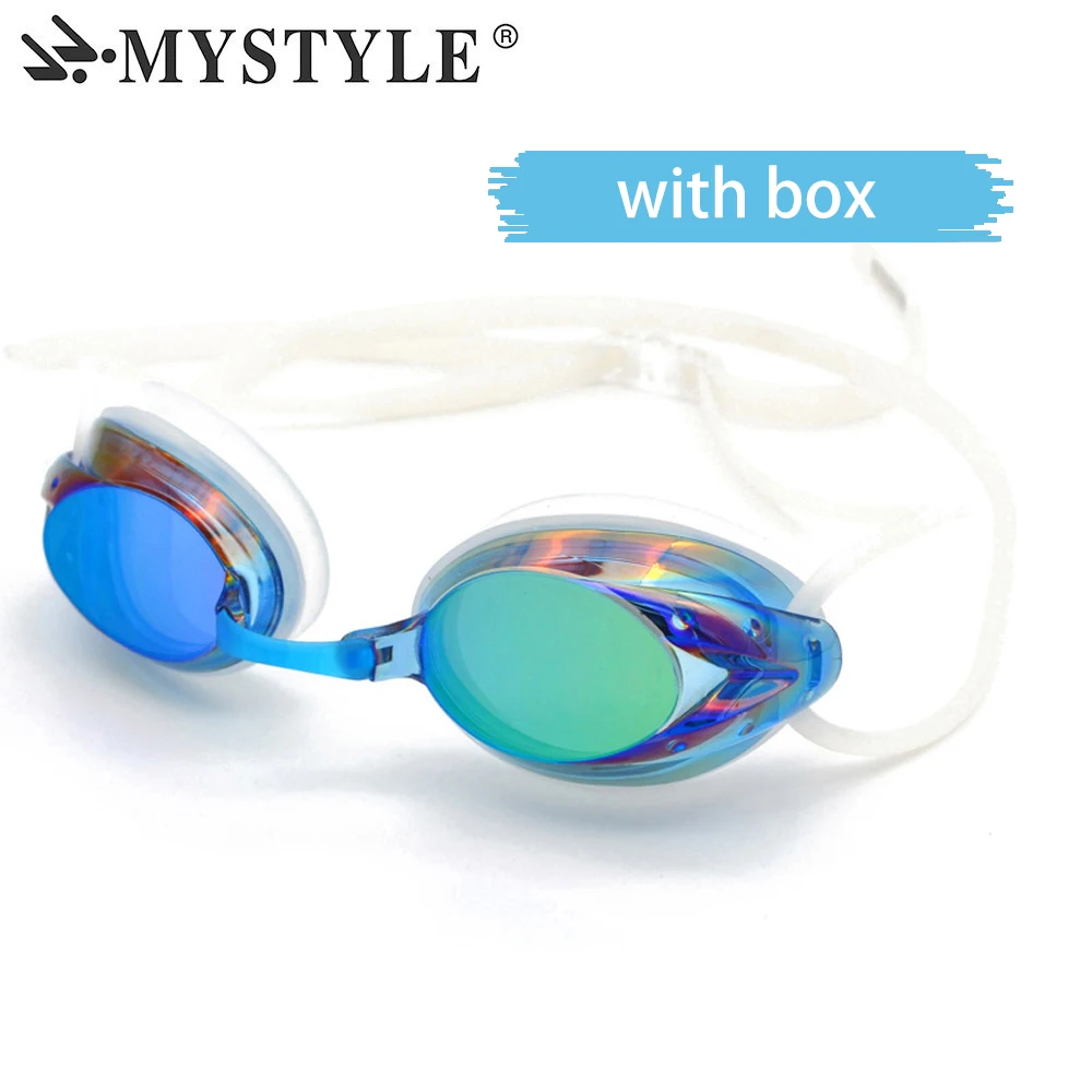 Женские плавательные очки для мужчин, регулируемые гальванические водонепроницаемые противотуманные УФ очки для бассейна, профессиональные очки для взрослых - Цвет: blue With box