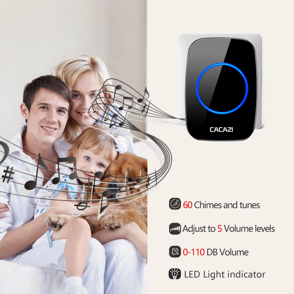 CACAZI Home Wireless Doorbell Waterproof 300M Remote 2032 Battery Transmitter Night Light Receiver US EU UK Plug 0-110db Chimes