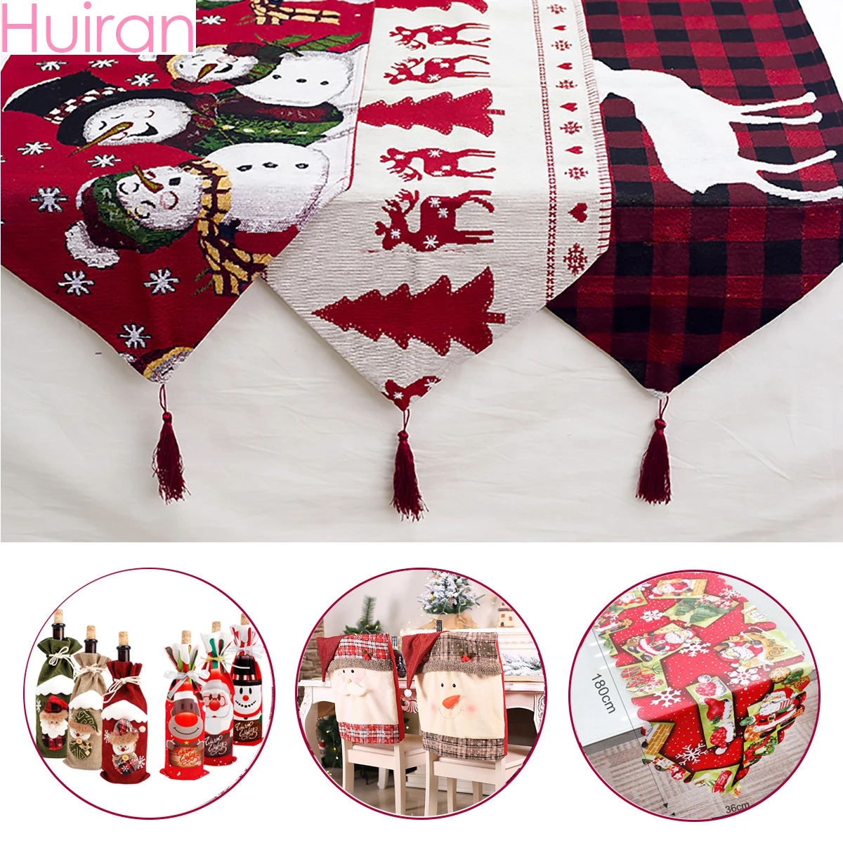 Huiran Linen Christmas Table Runner Elk Snowman Table Flag Merry Christmas Decorations for Home Navidad Happy New Year