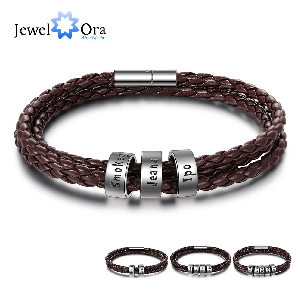 Hay una necesidad de caliente triple Pulsera de cuero de cuerda trenzada para hombre, brazalete personalizado de  2 5 nombres, regalo de joyería para abuelo|Personalizado Pulseras| -  AliExpress