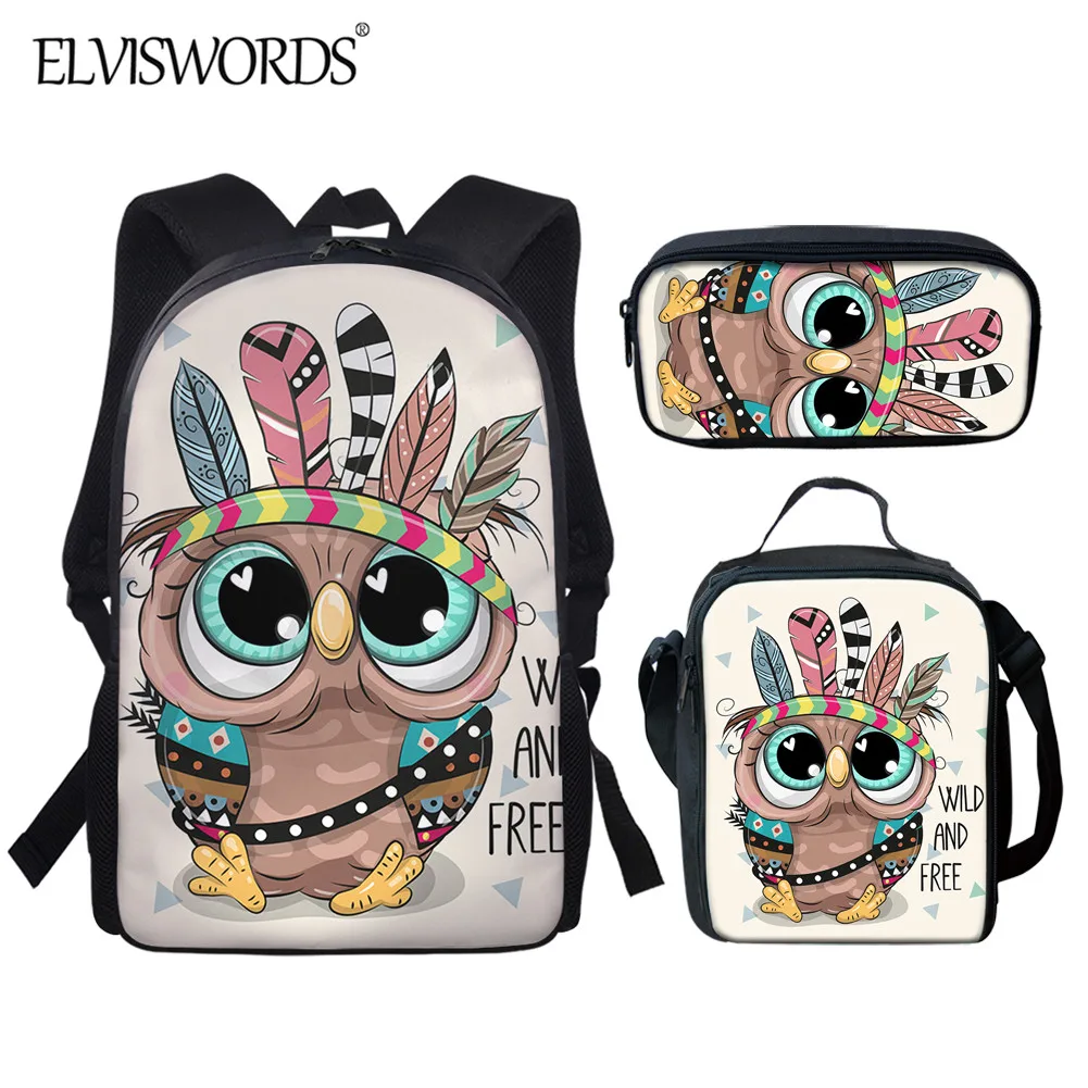 

ELVISWORDS 2020 New Kawaii School Backpack for Boys Girls Cute Owl Print Book Bag Back to School 3pcs/Set Kids Cartoon mochila