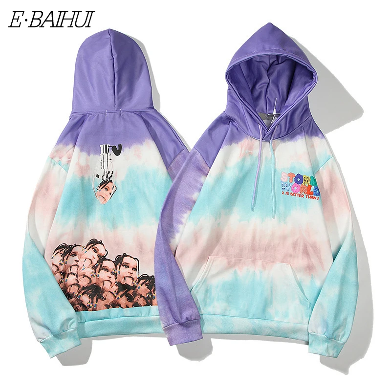

E-BAIHUI Men's Hoodie European and American Street Loose Print Hoody High Street Gradient Spoof Character Print Hoodie Top