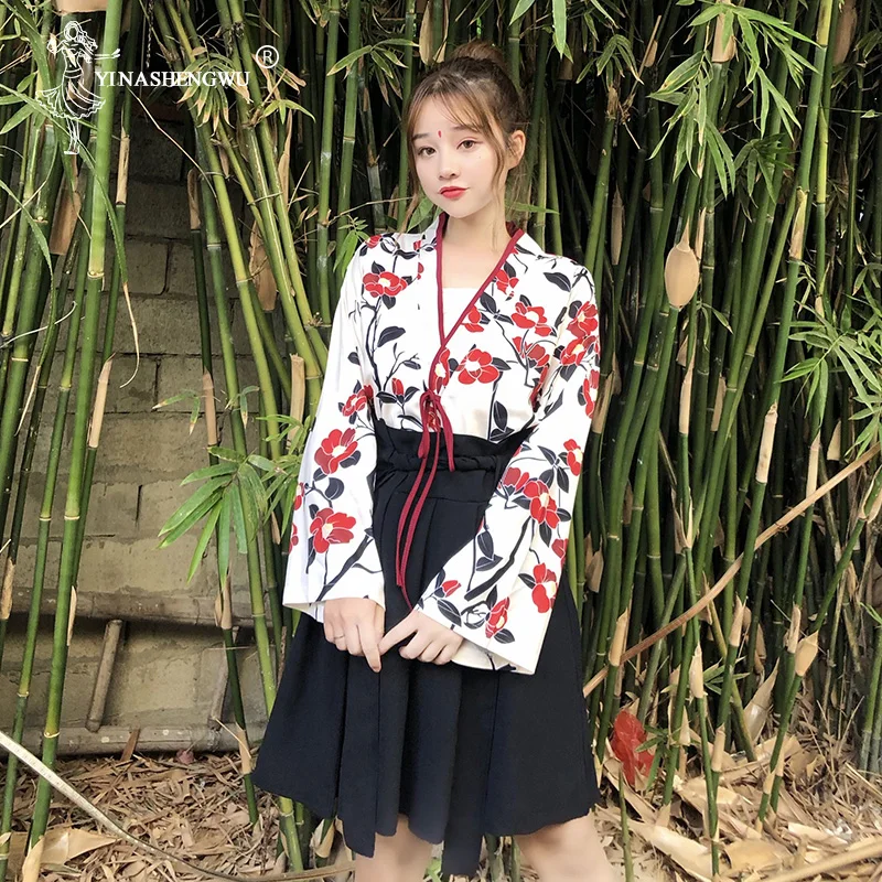Японское кимоно для женщин Harajuku японские рубашки с вышивкой лисы блузки свободные повседневные топы блузки кимоно косплей кимоно с поясом - Цвет: as picture-set 35.22
