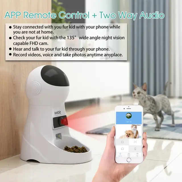 Iseebiz l automatic cat feeder dog food dispenser with camera support voice record app control