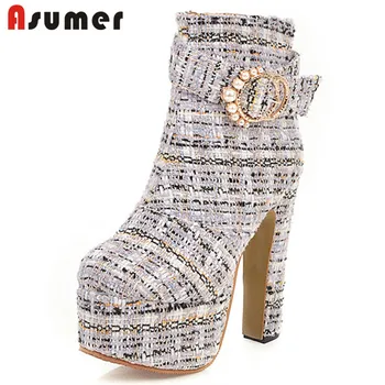

ASUMER 2020 plus size 48 women ankle boots zip buckle pearl super high heels platform boots elegant party wedding shoes ladies