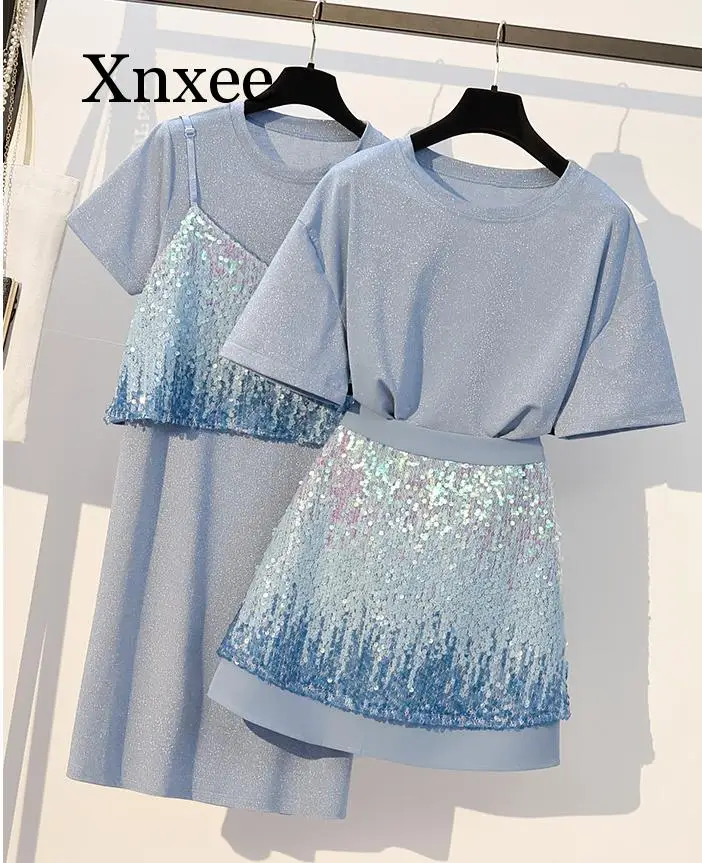 

Женская одежда, комплект из 2 предметов, футболка с блестками и юбка с блестками
