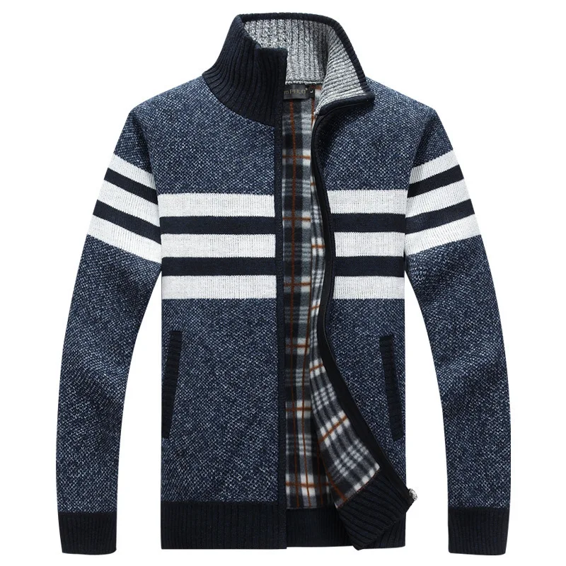 

Autumn Winter Mens Sweaters Casual Striped Fleece Warm Cardigan Men Windbreaker Stand Collar Long Sleeve Sweater Hombre