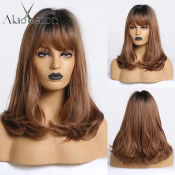 

ALAN EATON Bobo Wigs with Bangs Short Wavy Synthetic Ombre Black Brown Wigs Women Medium Heat Resistant Cosplay Lolita Cute Wigs