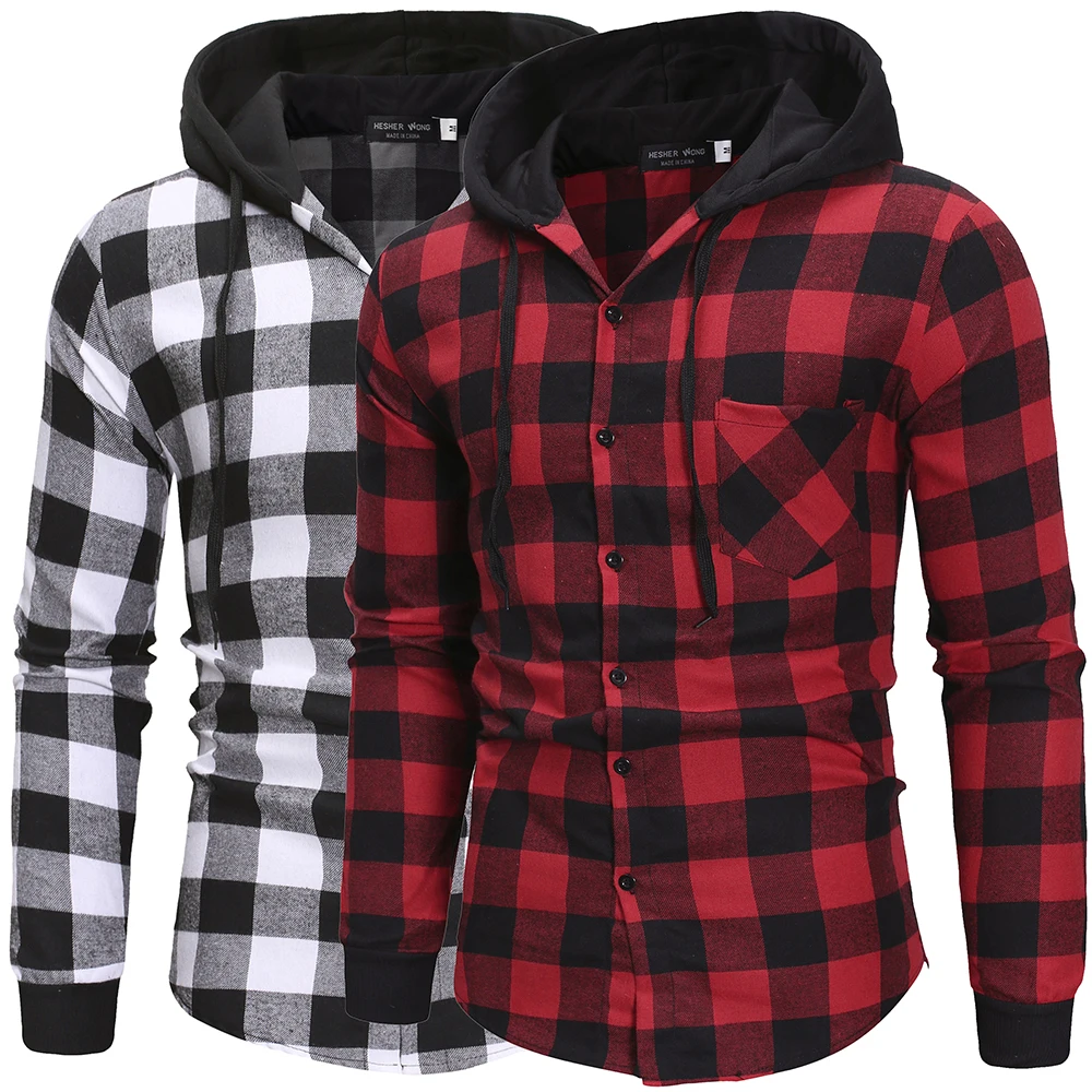 Men's Shirts Autumn Fashion Casual Plaid Shirts Long Sleeve Cotton high quality Pullover Hooded Shirt Winter Mens Top Blouse