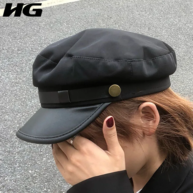 

HG Visors Cap Women Black Metal Buckle Spliced Joker Personality Fashion 2019 New Autumn Winter Flat Top Hat Female ZYQ1555
