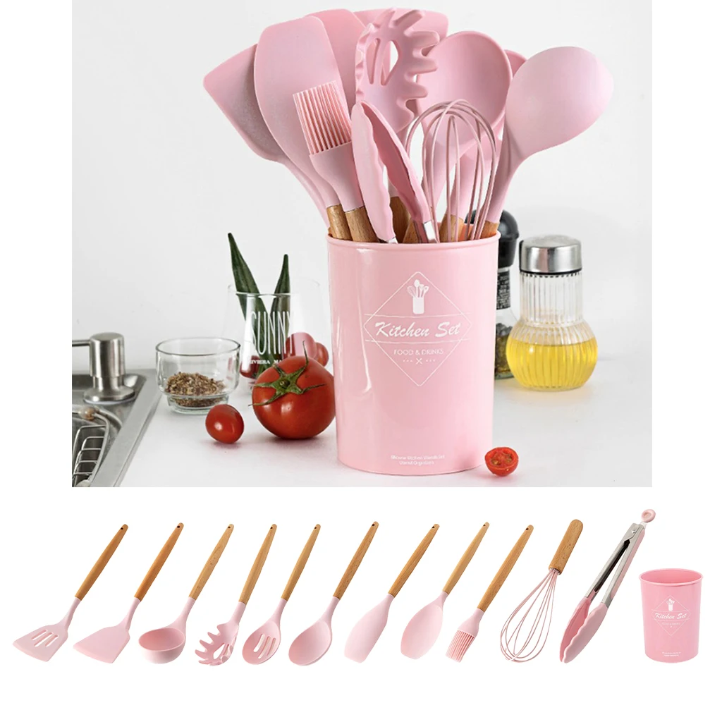 Kitchen Utensils Set Silicone Baking & Cooking Kitchen Tools ,Cookware Set, BBQ, Kitchen Gadgets - Pink
