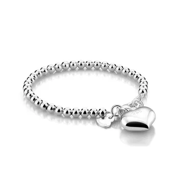 

925 silver brief women round beads Hand Slave Chain Link Fashion Party girls gift Decoration heart pendant Jewelry