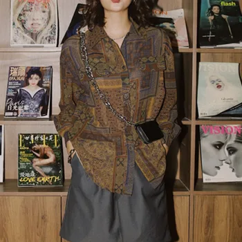 

XUXI 2020 Korean Top Wine Autumn Top Women's Long Sleeve Button Necklace Shirt Printing Designer National Clothing Top FZ0989