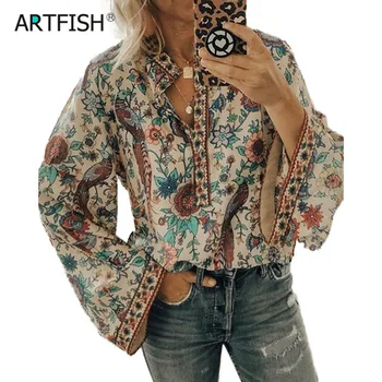 

Indie Folk Fashion Peacock Printed Blouses Women Long Sleeve Holiday Shirts Vintage Lady Buttons Summer Spring Blusas Tops G1563