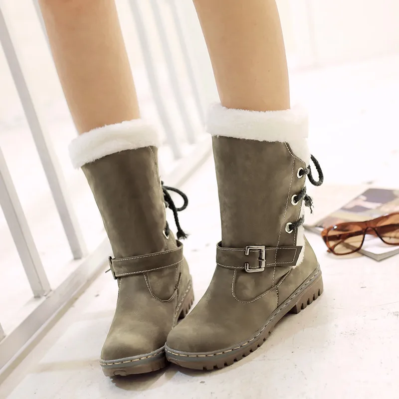 

Fashion winter boots women flat Buckle lace -up snow boots round toe comfortable warm fur plush mid-calf casual shoes mujier