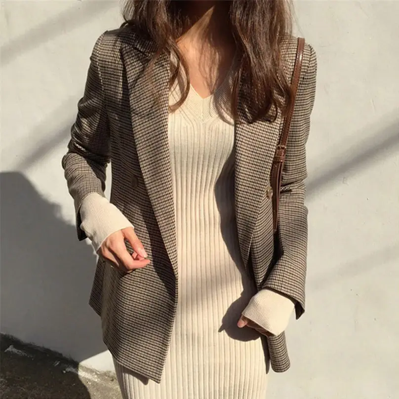 New Fashio Winter Jacket Women Casual Autumn Button Pocket Plaid Long Sleeve Slim Temperament Overcoat Coat куртка женская 4A29 (7)