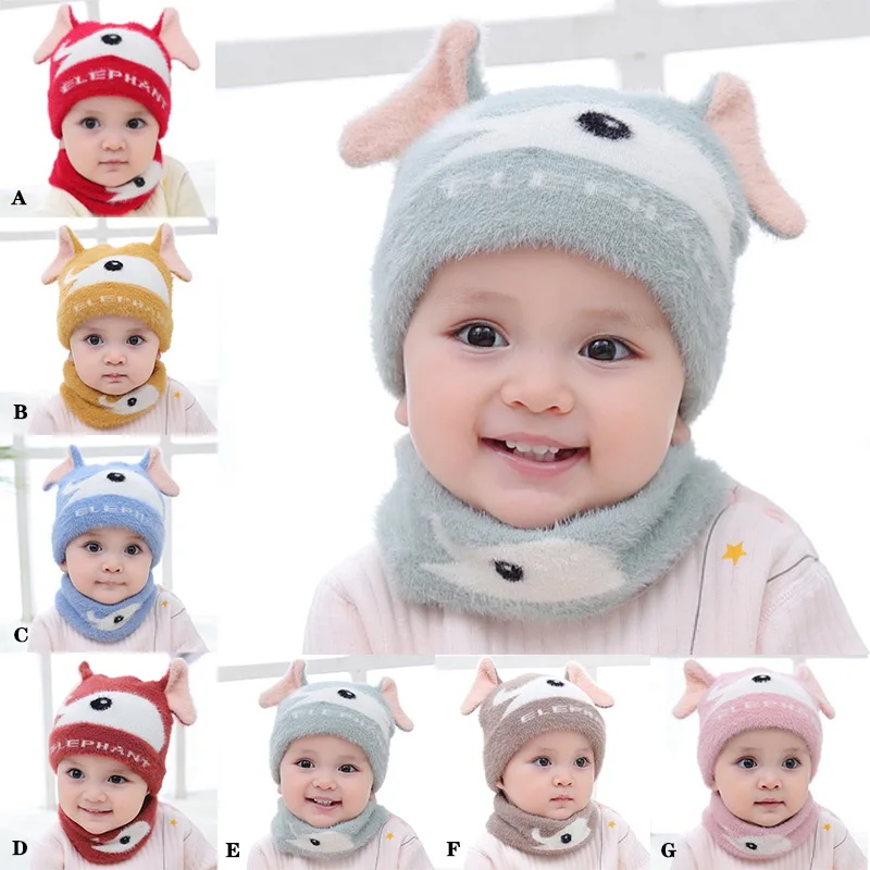 Cartoon Print Hat Baby Winter Warmer Scarf Infant Collar Scarves Neckerchiefs Headwear Set