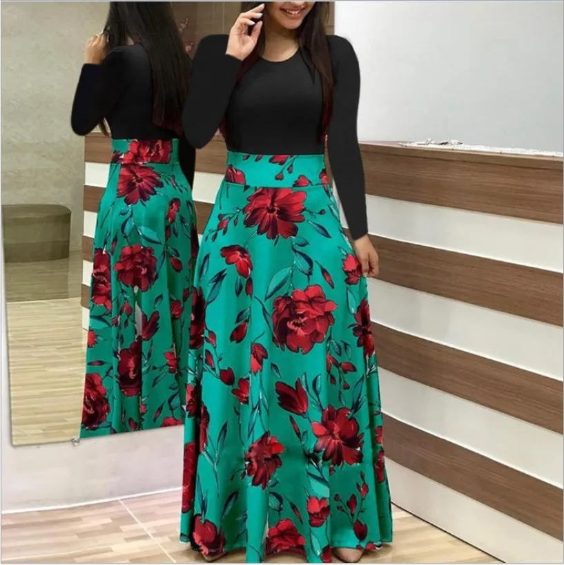 

2019 Autumn Winter Women Long Sleeve Floral Dot Print Dress Robe Vintage Flower Party Maxi Dress Tunic Pinup Dress Plus Size 5XL