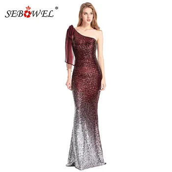 

SEBOWEL Blue/Red Silver Gradient Color One Shoulder Chiffon Sequin Party Gowns Dress Woman Maxi Long Glitter Cocktail Elegant XL