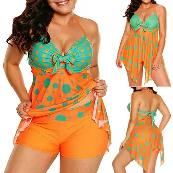 

2PCS Summer Sexy Halter Patchwork Dot Open Back Tankini Top Set Swimsuits