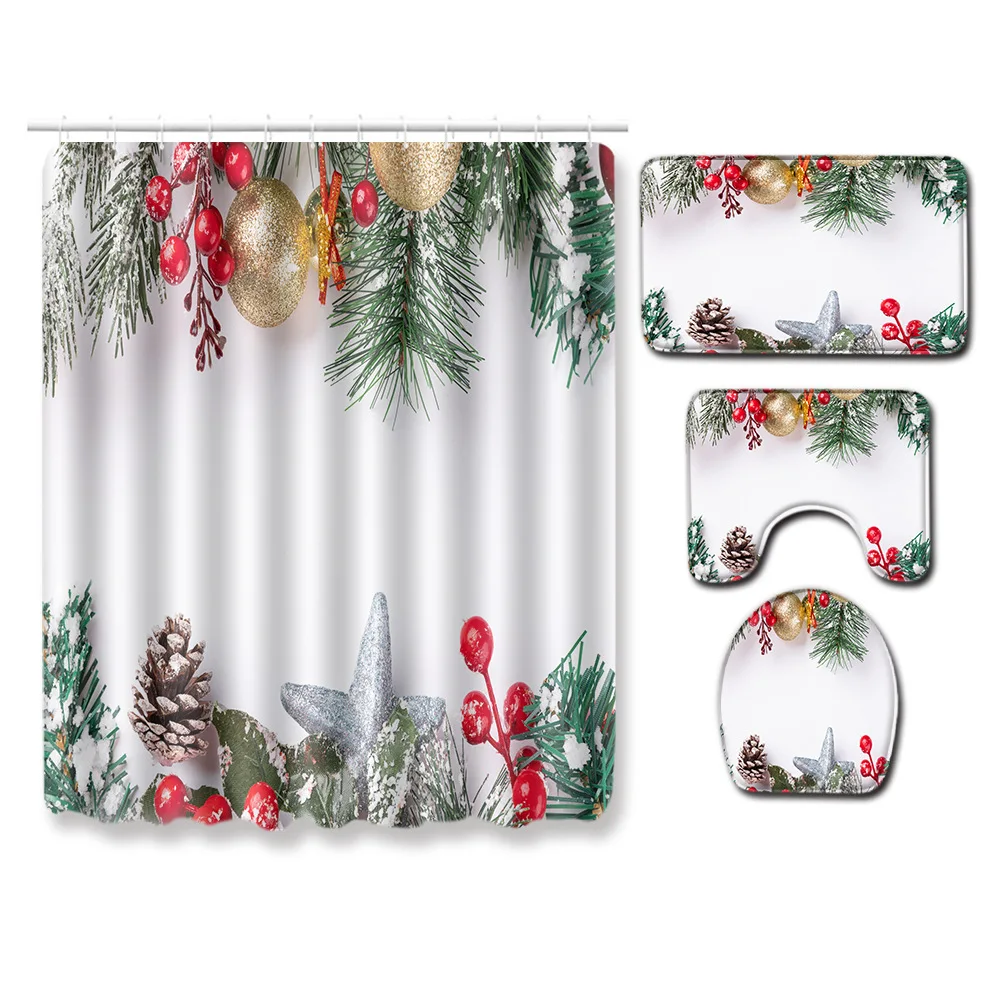 Christmas Bath Curtain Waterproof Shower Curtain Anti-slip Bathroom Carpet Set Absorbent Bathroom Toilet Pedestal Rug Foot Mat