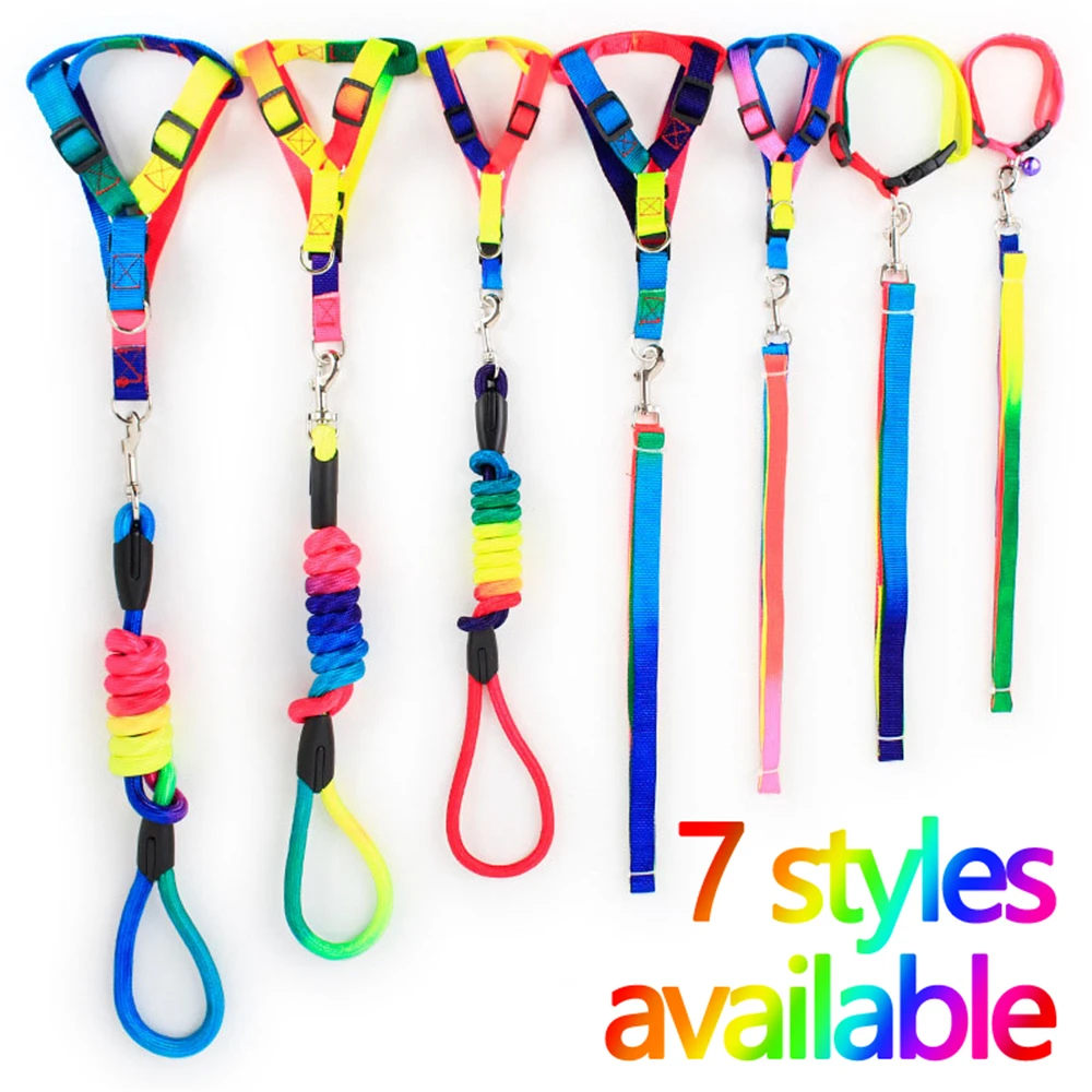 

Adjustable Colorful Nylon Leash Collar Harness Puppy Pet Cat Accessories Breakaway Rainbow Dog Leash Lead Belt Basic Collars