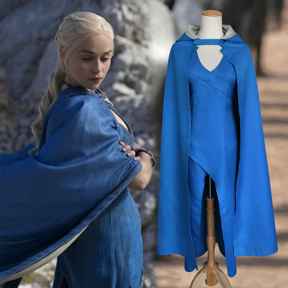 VEVEFUANG Daenerys targaryen Игра престолов косплей костюм черный белый зеленый синий cos платье fantasia парик модное женское платье - Цвет: blue