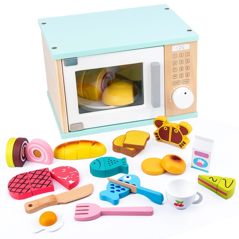 

18PCS Wooden Simulation Micro-wave Oven Baking Tool Game Mixer Kitchen Character Toy