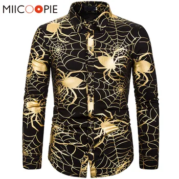 

Spider Web Shirt Men Gold Bronzing Print Streetwear 2019 Brand Steampunk Long Sleeve Nightclub Shirts Men Dress Chemise Homme