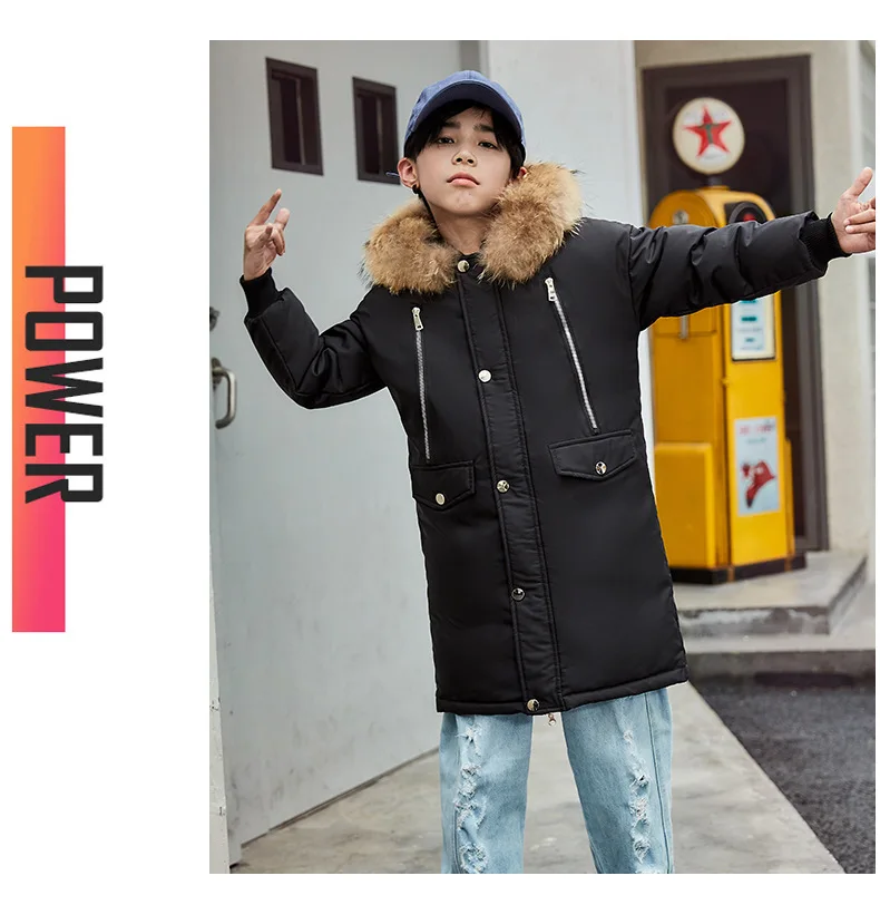 2019 г. Зимние Детские Длинные пуховики теплая верхняя одежда в Корейском стиле для больших мальчиков 6, 8, 10, 12, 14, 16 лет, парка, пальто Clj351