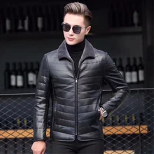 Мужская пуховая куртка из натуральной кожи, Мужская черная зимняя теплая куртка из натуральной кожи с овечьим меховым воротником, пальто