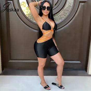 

Joskaa solid Sexy Swimsuit with Shoulder Straps Lace-up bandage hollow out Cross Strap top bra bottoms bikini beach swimwear