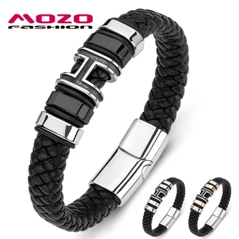 

MOZO FASHION Wild 2020 New Men Bracelets Braided Trendy Letter H Cuff Bracelet Punk Genuine Leather Bangle Women Jewelry 178