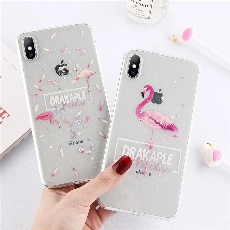 

Ottwn Clear Epoxy Flamingo Phone Cases For iphone 6 6S 7 8 Plus X XS Max XR Fashion Soft Silicone Phone Back Cases Cover Shells