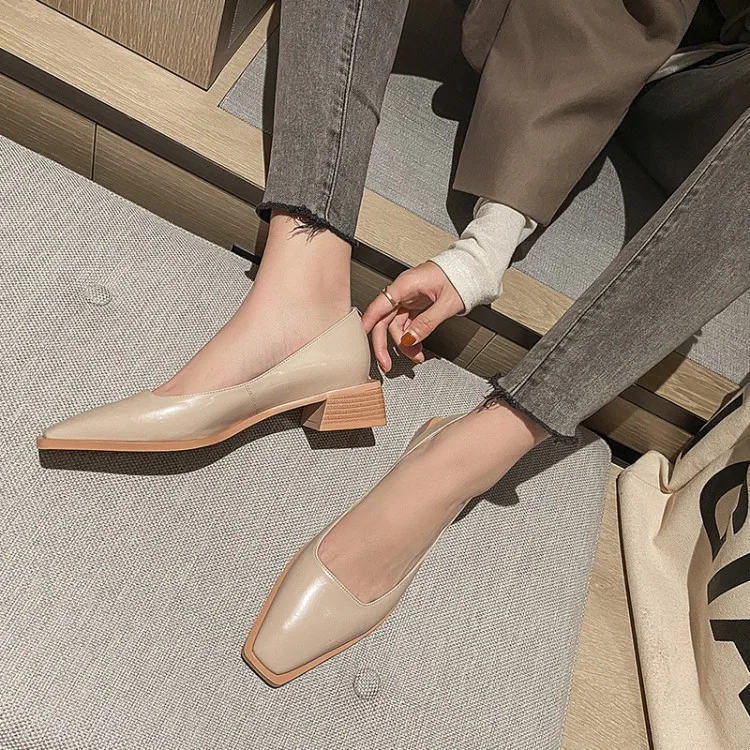 

Spring Light Luxury Minimalist Women's Square Head Solid Color Full-grain Leather Low-Cut Chunky Semi-high Heeled Tendon Outsole